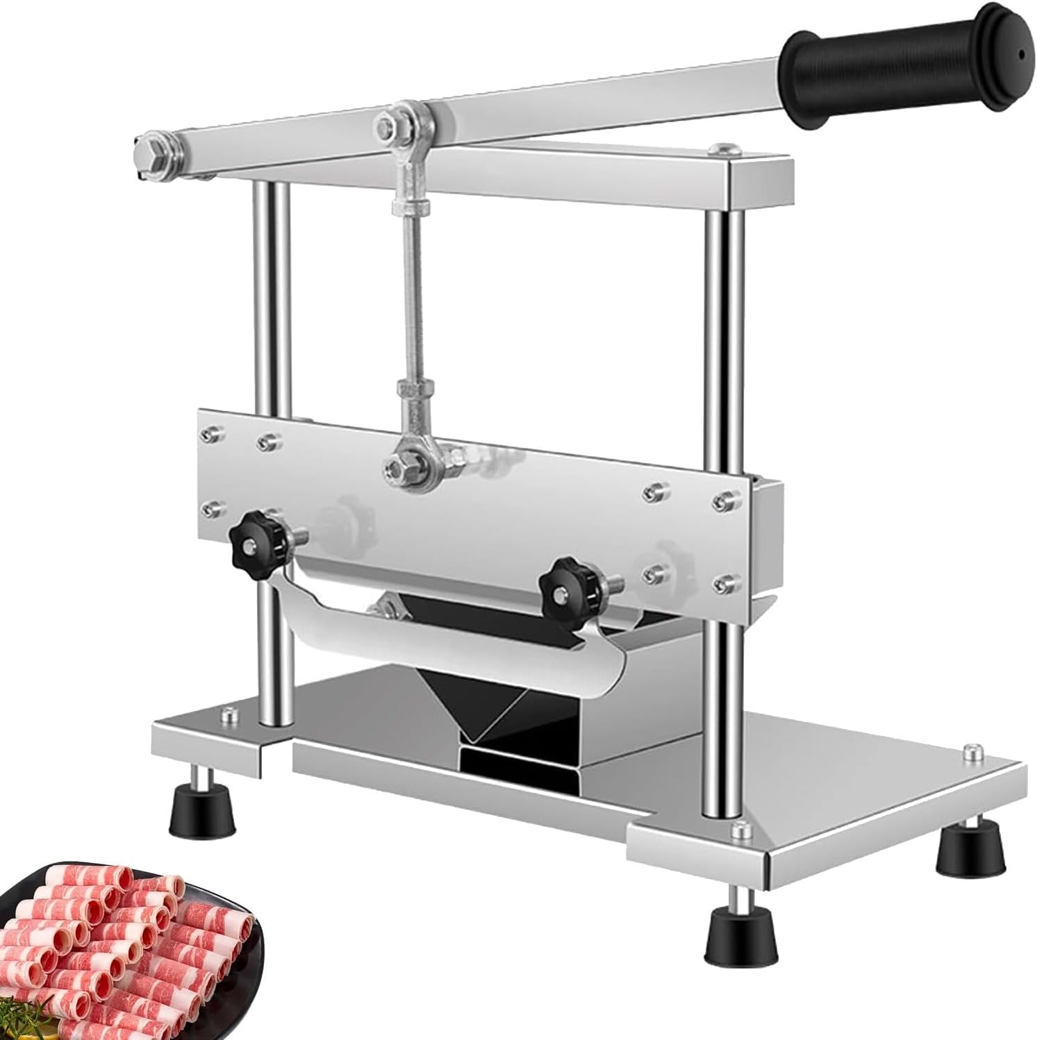 HiJiuAn Manual Meat Slicer, Stainless Steel Vegetable Slicer, With 2pcs 200mm Blade, Anti-slip Suction Base, Thickness Adjustable, V-shaped Meat Tray, For Beef, Mutton Roll, Cheese