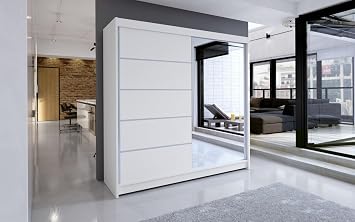 White Series 180 cm Sliding Door Wardrobe with Mirror Widths 100/120/150/180/200/250 cm Furniture for Bedroom Living Room Wardrobe with Hanging Rail