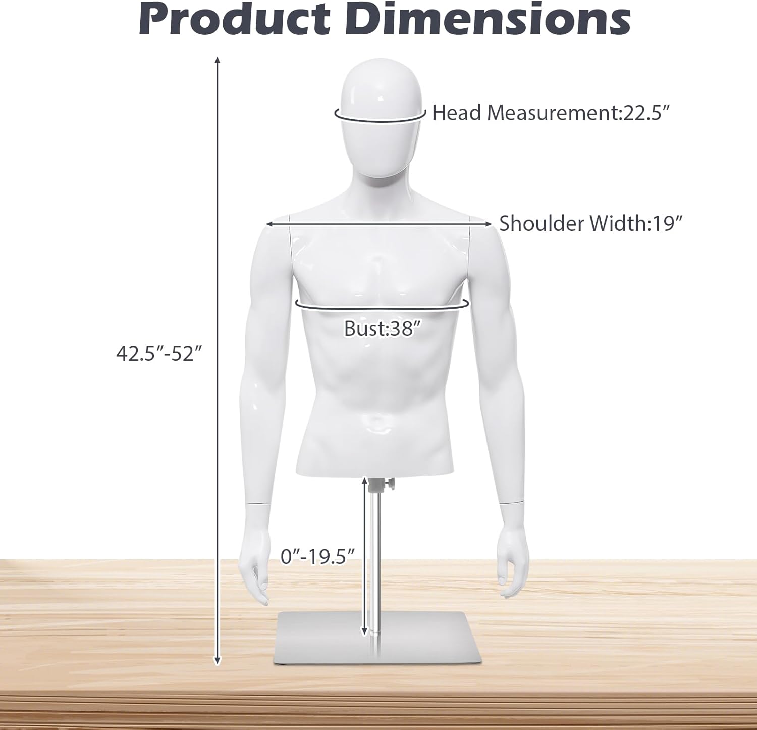 Goplus Male Mannequin Torso, PP Men Dress Form w/ Metal Stand, Adjustable Height, Flexible Components, Lightweight Male Mannequin Body for Tailor Shop, Shop Window, Home, White