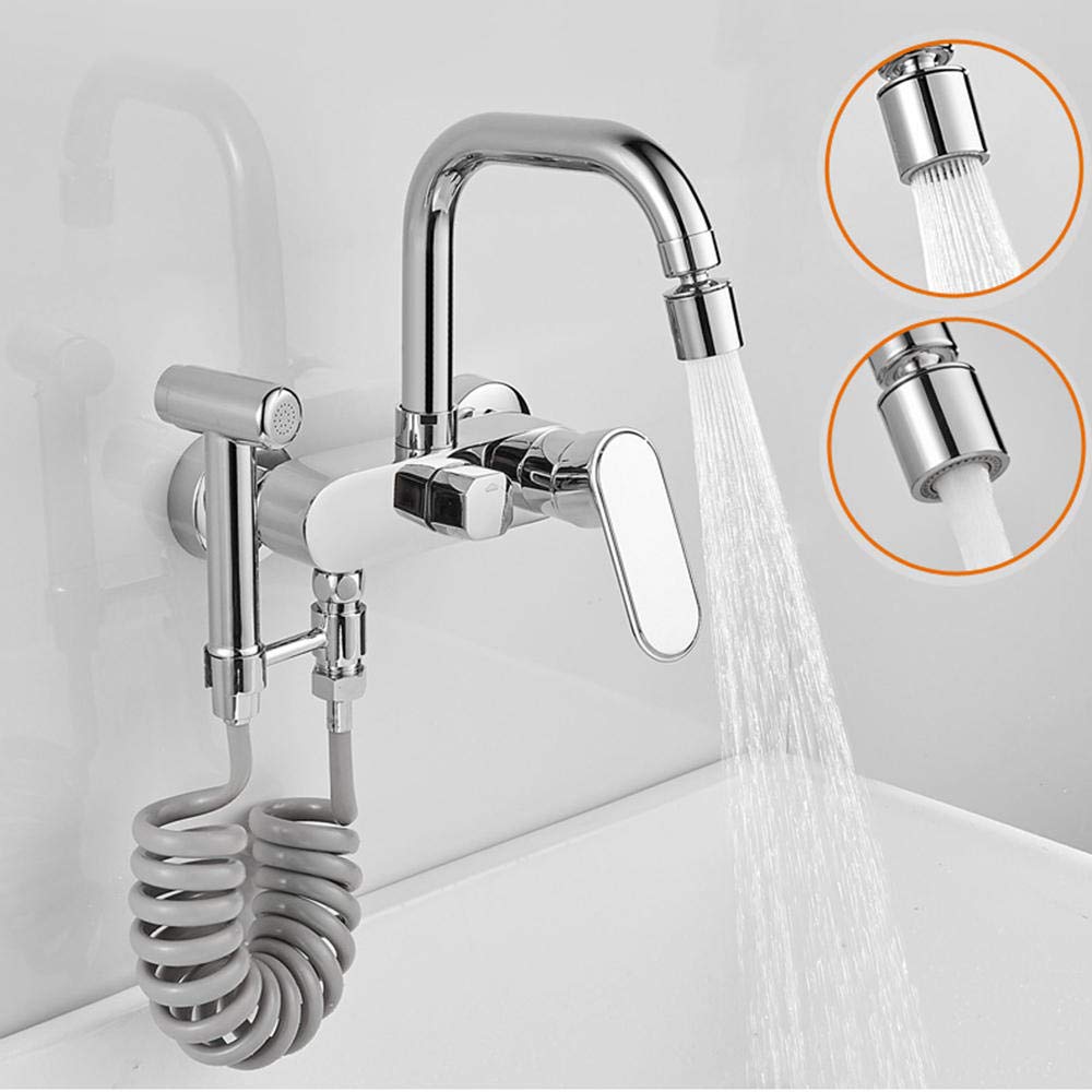 Giratorio de Grifo de Cocina de Pared, Fregadero de Cocina Lavadero Latón Cromado en Pared con Ducha Grifo de Agua Frío y Caliente-Cromo