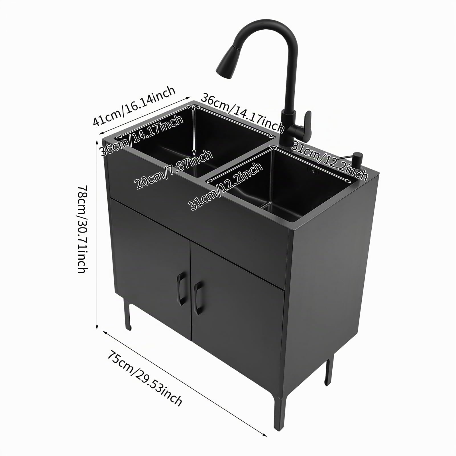 Fregadero independiente de cocina, fregadero de acero inoxidable con 2 cuencos 75×41 cm, fregadero negro con grifo extraíble y mueble bajo, para cocina doméstica, jardín, exterior
