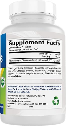 Miniatura 6 de Best Naturals Vitamina D3  300 tabletas  Hecho en Estados Unidos, sin OMG, sin gluten, sin color, sabor ni conservantes artificiales  Suplemento