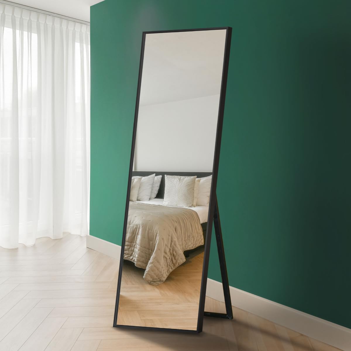 Large Black Edged Aluminium Cheval Mirror 67""X23"" 170 X58cm MirrorOutlet