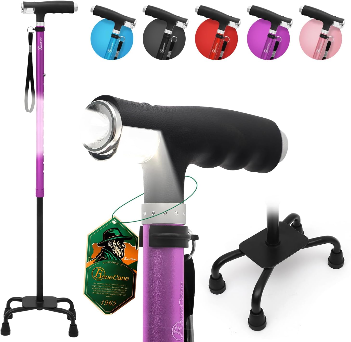 BeneCane Quad Cane Walking Cane with Two Led Lights with Big Base T Handle＆Lightweight Adjustable Walking Stick Four Pronged Sturdy for Men and Women