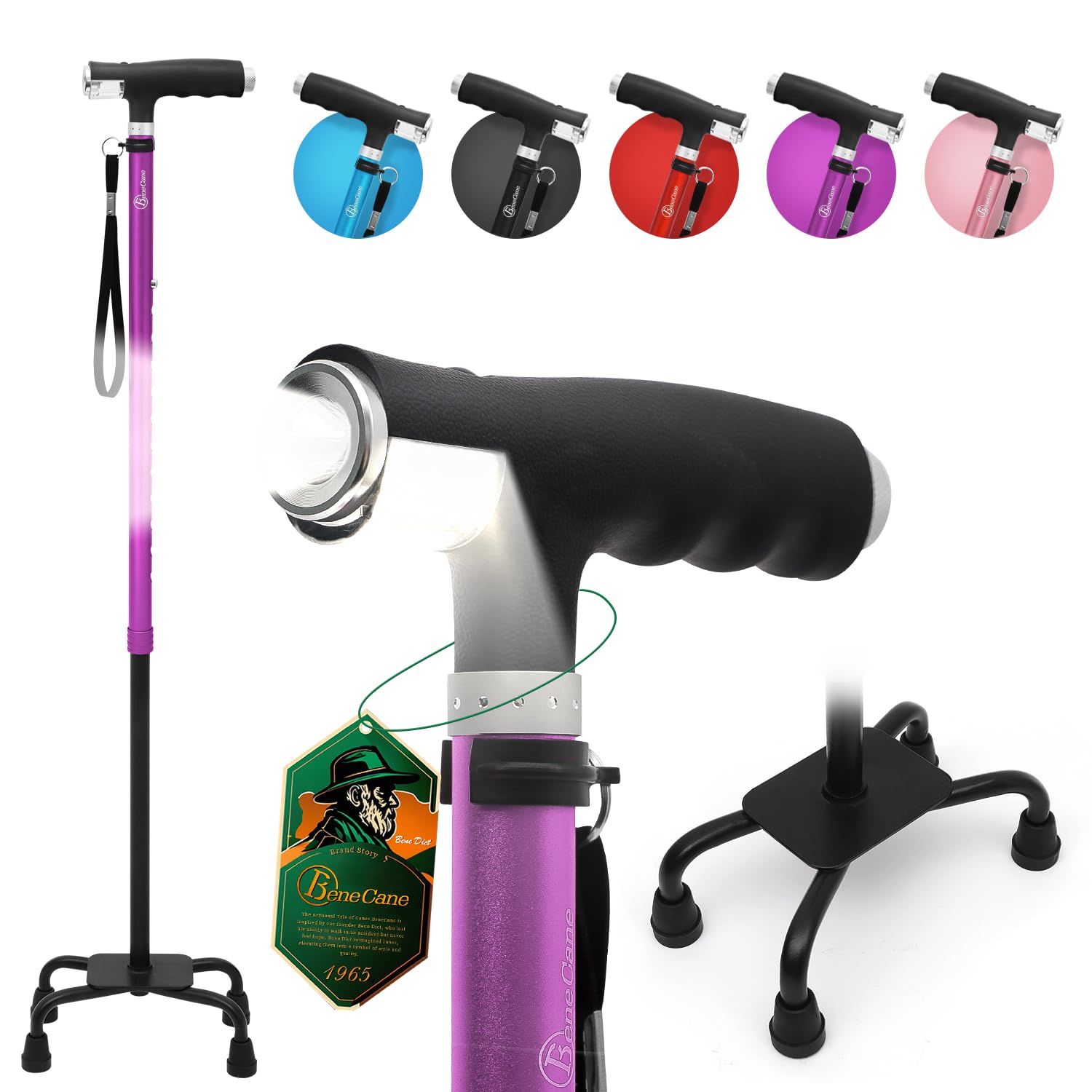 BeneCane Quad Cane Walking Cane with Two Led Lights with Big Base T Handle＆Lightweight Adjustable Walking Stick Four Pronged Sturdy for Men and Women
