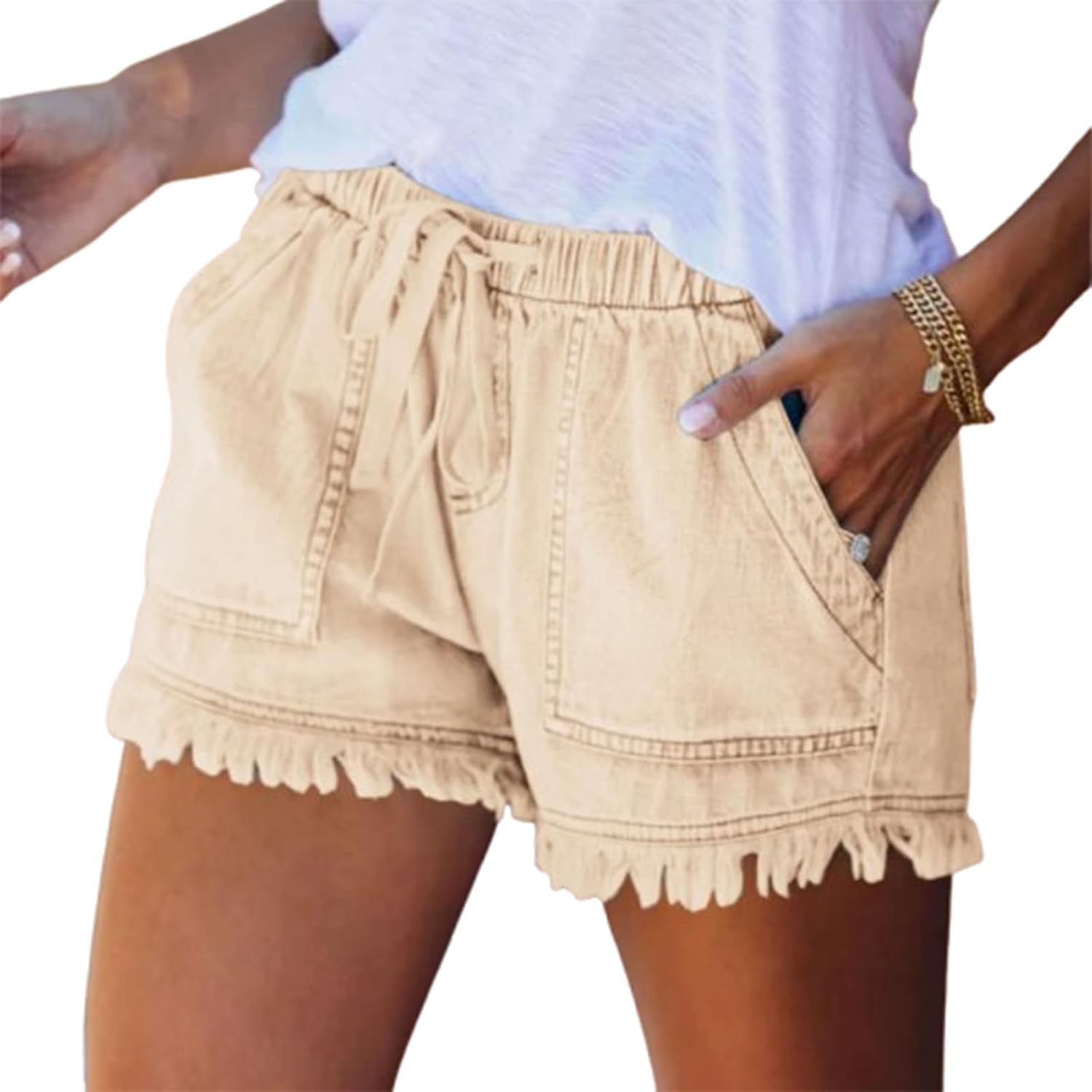 Womens Summer Shorts Elastic Waist Drawstring Loose Fit Frayed Hem Casual Shorts with Pockets