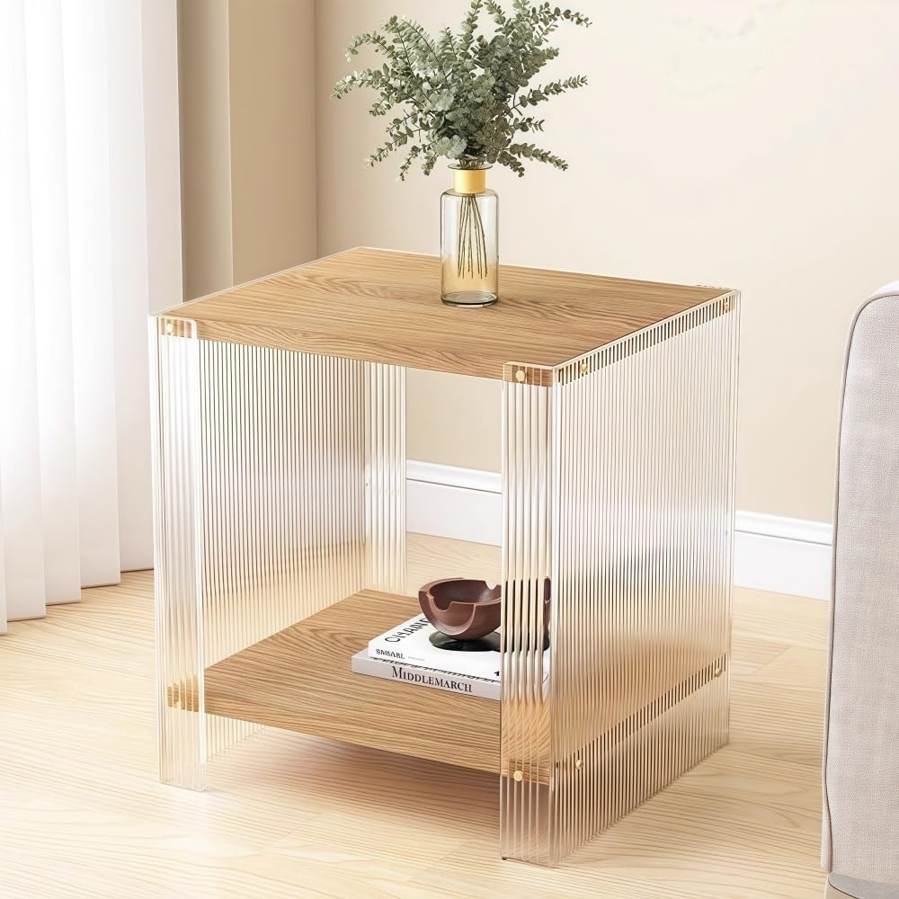 SXZenSpace Bedroom Furniture Acrylic Side Table, Coffee Table with 2 Tiers Wooden Tabletop, Small Nightstand, Modern Accent for Living Room, Bedroom(Small)
