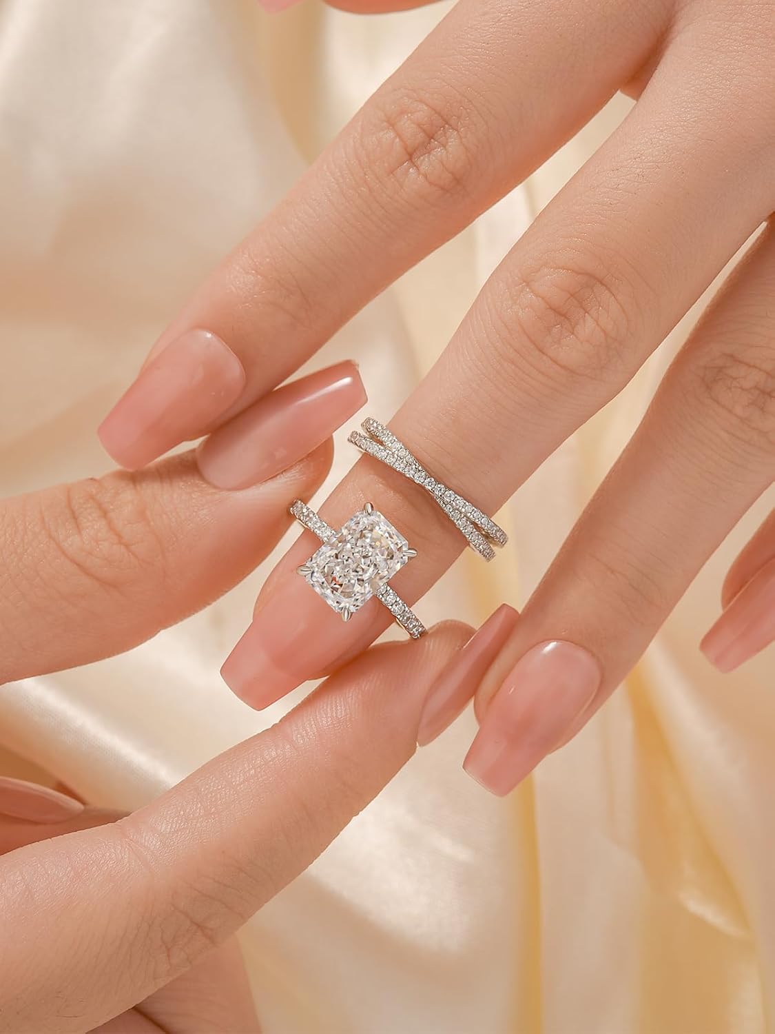 3.5CT Radiant Cut Engagement Ring Set for Women, S925 Silver X-Shaped Band 2-Piece Cubic Zirconia Bridal Wedding Ring Set - Image 5