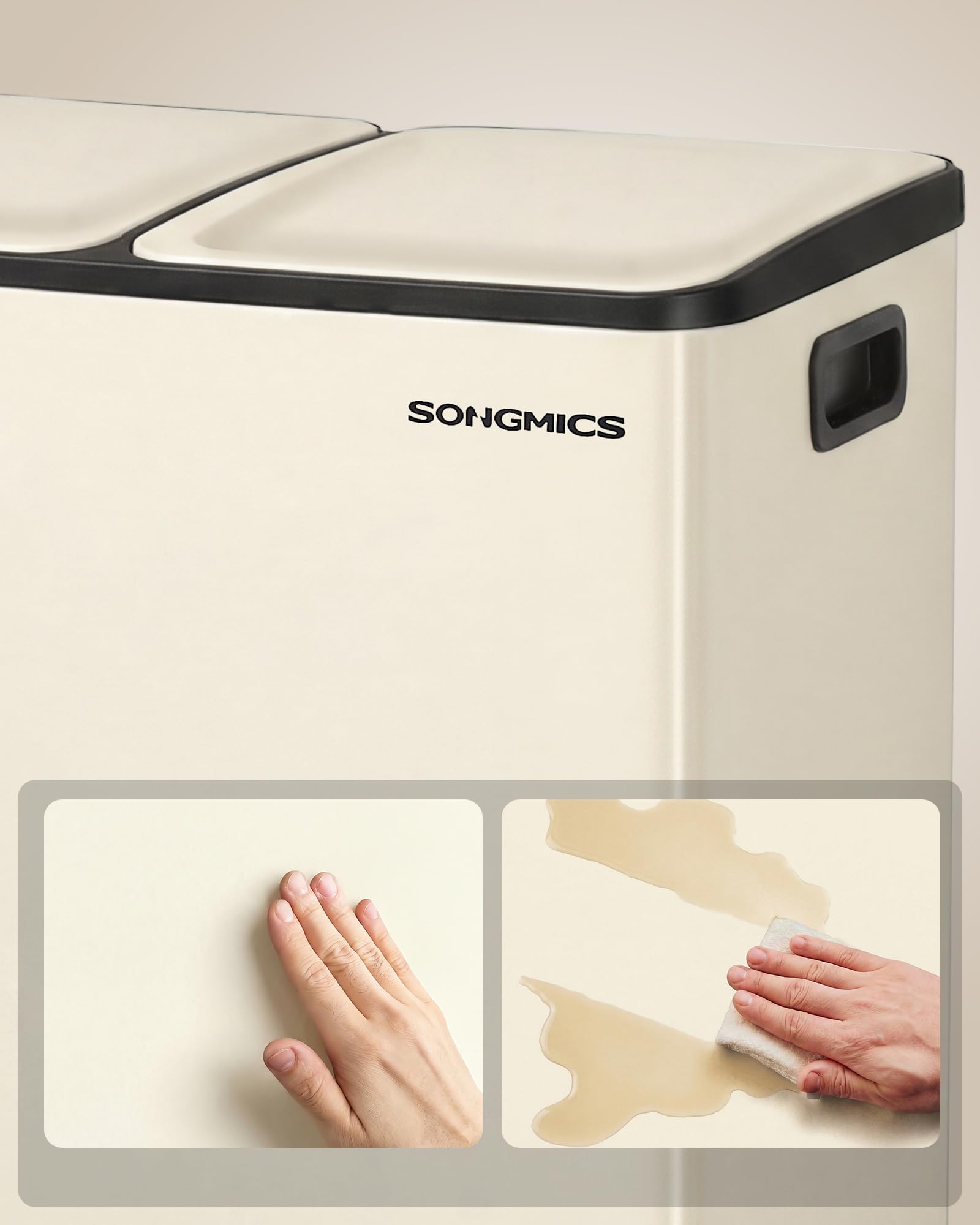 SONGMICS Kosz na śmieci kuchenny, 2 x 30 l, 2 przegródki, kosz na z miękką pokrywką i wewnętrznym wiadrem, stal, zawiera 15 worków na śmieci, kremowy LTB741AZ02