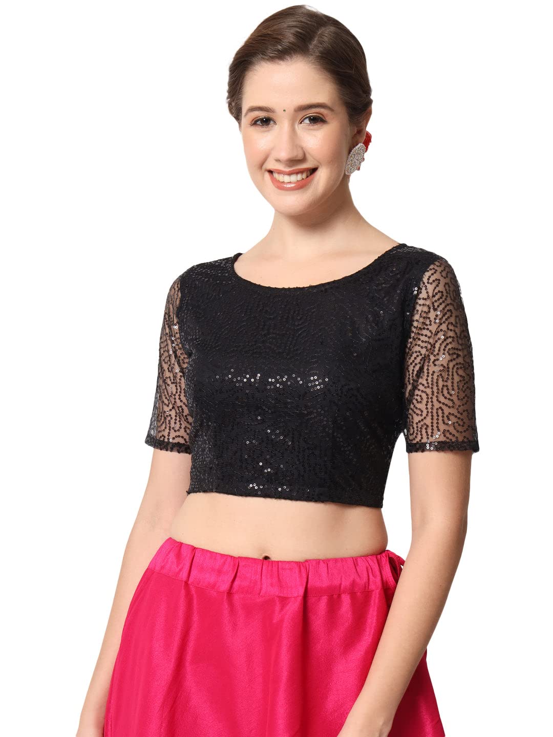 studio rasa Women’s Net Sequin Embroidered Sheer Sleeves Crop Top for Wedding Party Festives