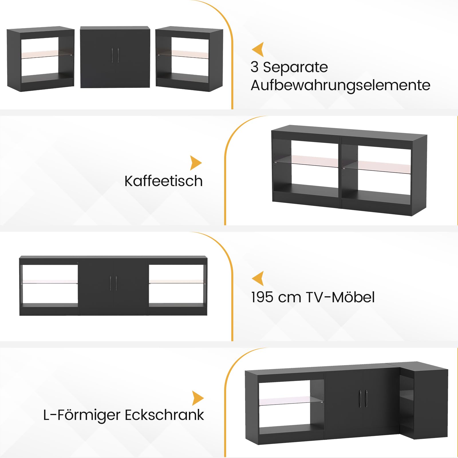 COSTWAY 3- in-1 TV-Schrank, Fernsehtisch für Fernseher bis zu 85 Zoll, 195 cm lang Lowboard mit LED Beleuchtung & verstellbaren Glasregalen für Wohnzimmer, Schlafzimmer, Esszimmer (Schwarz)