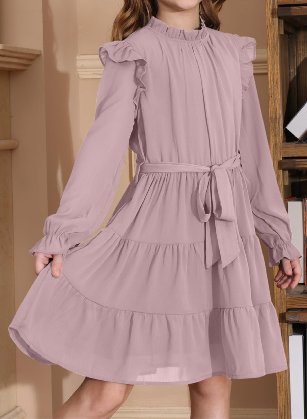 blibean Vestidos de otoño de manga larga para niñas, estilo casual, con volantes, con cinturón, talla 4-15 años
