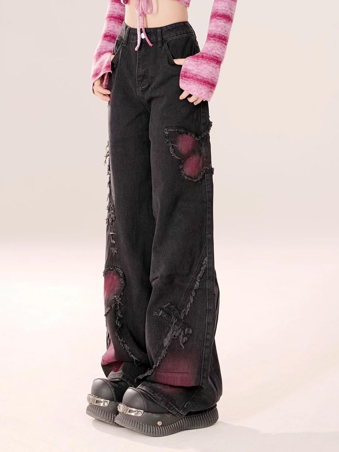 Y2K Baggy Ripped Jeans for Women – Wide Leg Butterfly Print & Star Patch Distressed Denim Pants High Waist Streetwear - Image 4