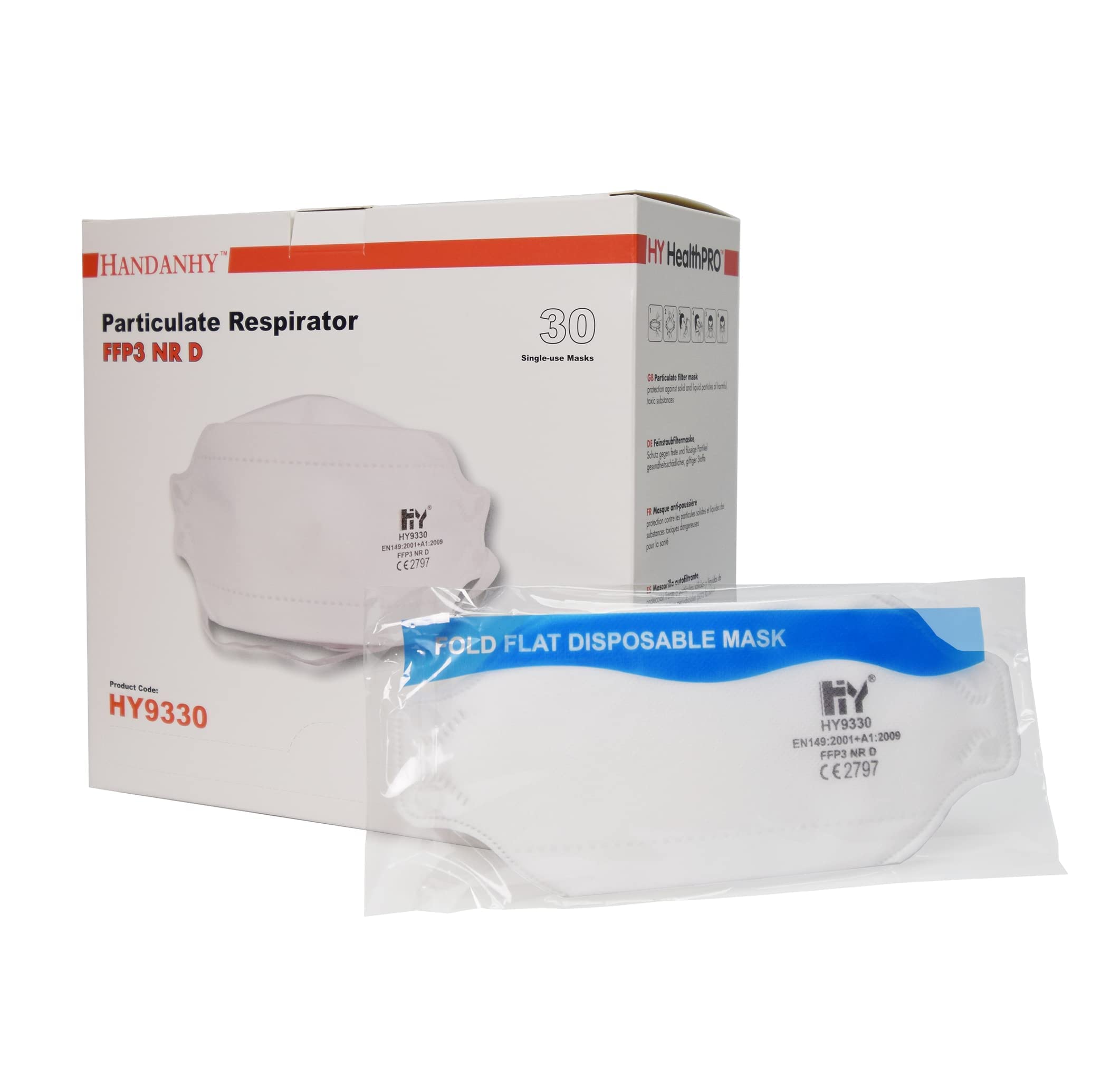 Non-Valved FFP3 Face Masks, Handanhy HY9330 Pro NR D Premium Disposable Respirator - CE Certified & Tested by BSI, Individually Wrapped (30)