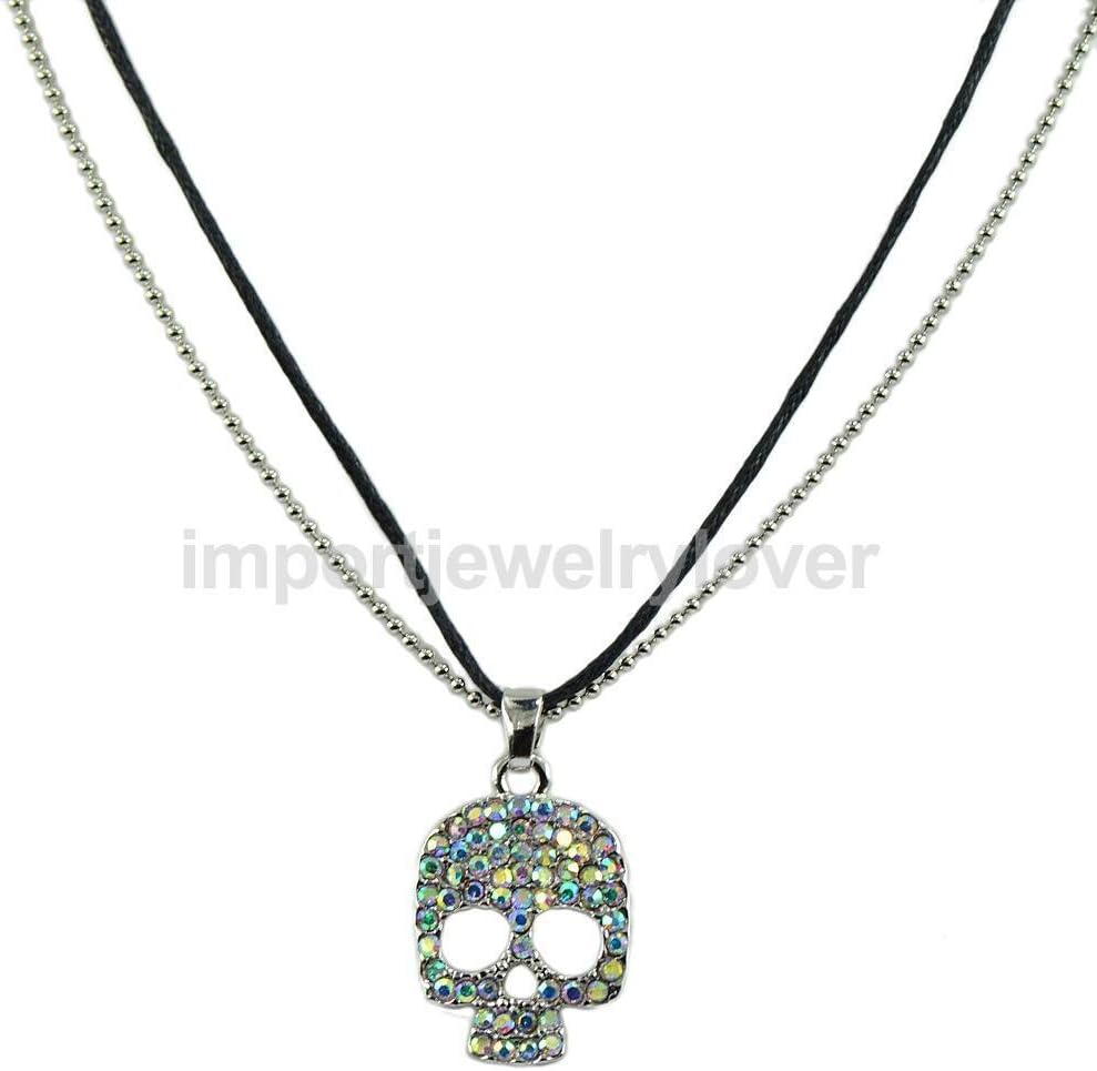 Black Nylon Neck Cord Ball Chain Rhinestone Skull Pendant Necklace Fashion