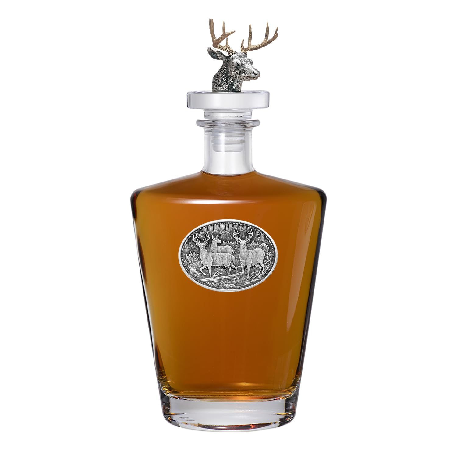 Heritage Pewter Three White Tail Deer Decanter with 3D Stopper | 30 OZ Liquor Pourer | Expertly Crafted Pewter Glass