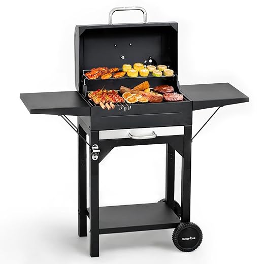 MASTER COOK Charcoal Grills with Two Side Tables, 17'' Outdoor Smoker Barbecue bbq grill for Camping, Patio,Backyard Party, Picnic, Black