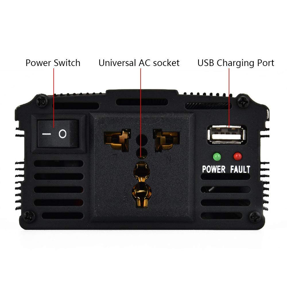 inversor 500W / convertidor de Voltaje DC 12V / 24V a AC 110V 230V / inversor de Coche con Toma de Corriente Europea y Conexiones USB, 24Vto110V