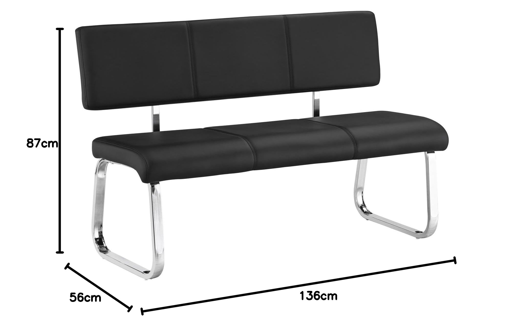 IDIMEX Banc Design Vilas siège avec 3 Places, Banquette au piètement chromé et Dossier au revêtement synthétique Noir