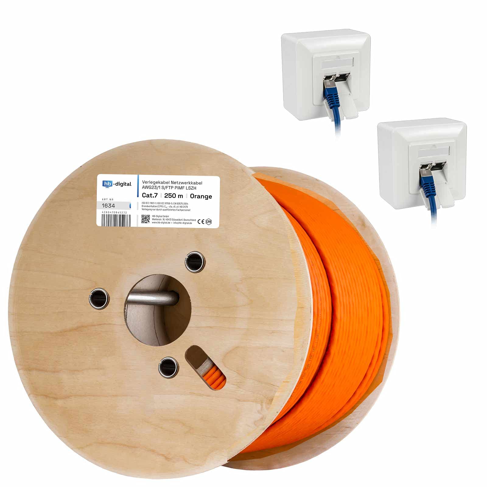 HB-DIGITAL Lot de 250 m de câble réseau LAN CAT.7 - Câble de pose AWG 23 - Cuivre pur S/FTP PiMF LSZH - Sans halogène - RoHS - Certifié GHMT - Ethernet PoE 10 Gbit/s 1000 MHz - Orange + 2 prises