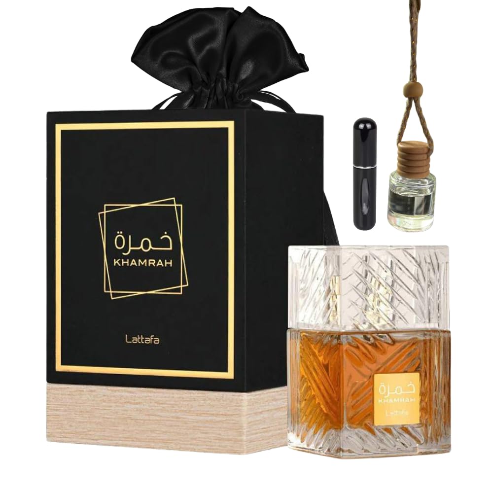 Khamrahh Eau de Parfum 3.4oz Bundle | Includes 5ml Refillable Atomizer, Car Freshener & Satin Gift Bag