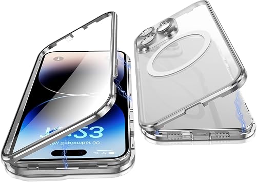 Case for iPhone 14 Pro, 360 Degree Double-Sided Protection Compatible with Magsafe Magnetic Adsorption Metal Bumper Front Tempered Glass Back Frosted PC Cover for 14 Pro 6.1" Silver