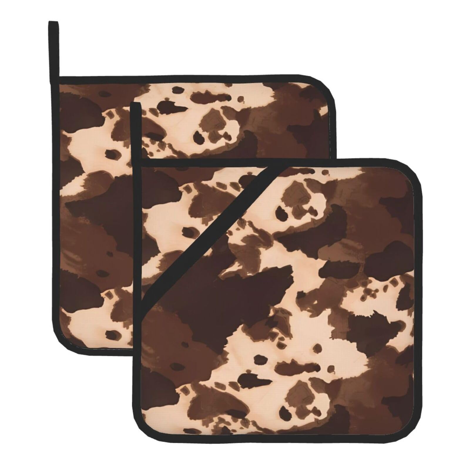 WHJDPP brown cowhide art Prints Square Hot Pads for Kitchen Counter - Waterproof Pot Holders Set of 2, Heat Resistant Trivets with Pocket & Hanging Loop for Serving, Oven & BBQ