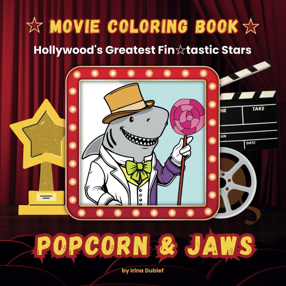 Popcorn & Jaws: Movie Coloring Book for Adults & Teens Featuring Sharks as Actors (bold and easy)