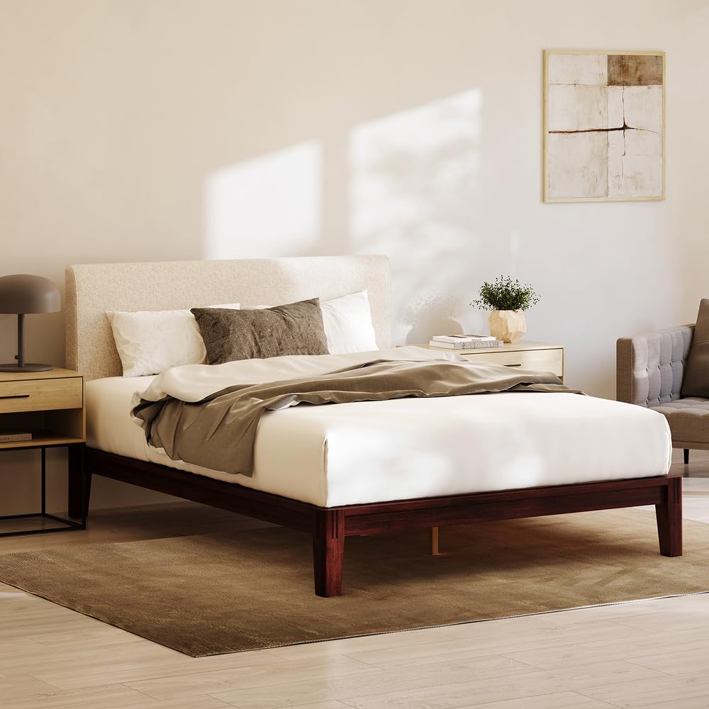 Nectar Bamboo Platform Bed Frame &amp; Upholstered Headboard - California King - Walnut/Linen - Floating Center Support Legs - 12” Height - Tool Free Set Up - Sturdy Wooden Slats - Holds Up To 500 lbs