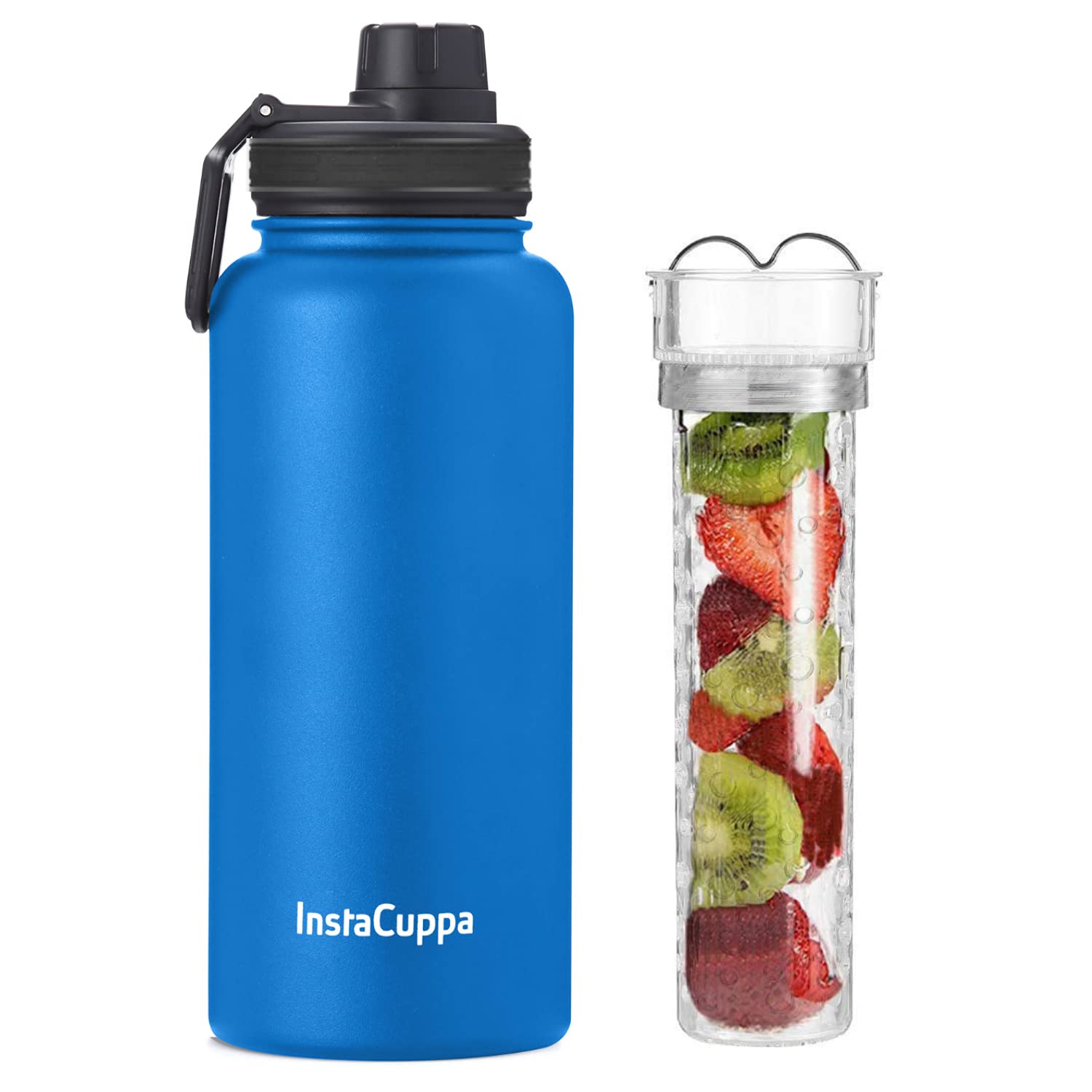 InstaCuppa Thermosteel Steel Fruit Infuser Water Bottle 1 Litre, Tritan Infusion Unit, Detox Infused Recipe eBook, Blue