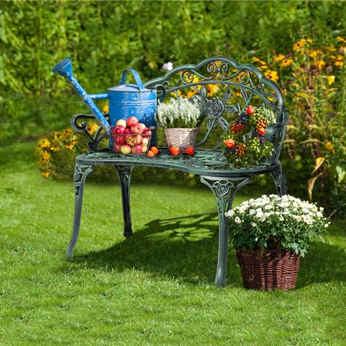 Image of VINGLI 38.5 inch Patio Park Garden Outdoor Metal Rose Bench, 2-Person Cast Iron Cast Aluminium Frame Antique Finish Chair,Accented Lawn Front Porch Path Yard Decor Deck Furniture (Green, Rose)