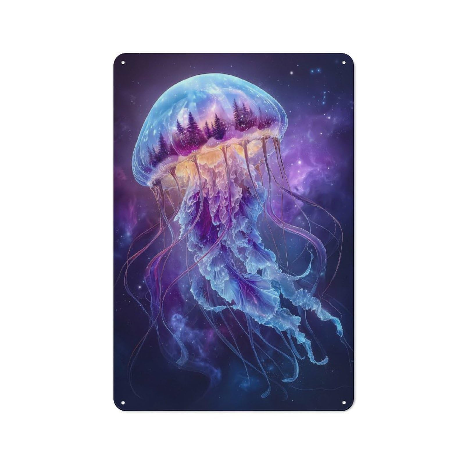Junmoney Style-15 Rustic Surreal Jellyfish With Forest And Galaxy Tin Wall Sign 30X20cm, Kitchen Wall Decor For Bakery, Diner, Cafe Or Family Room