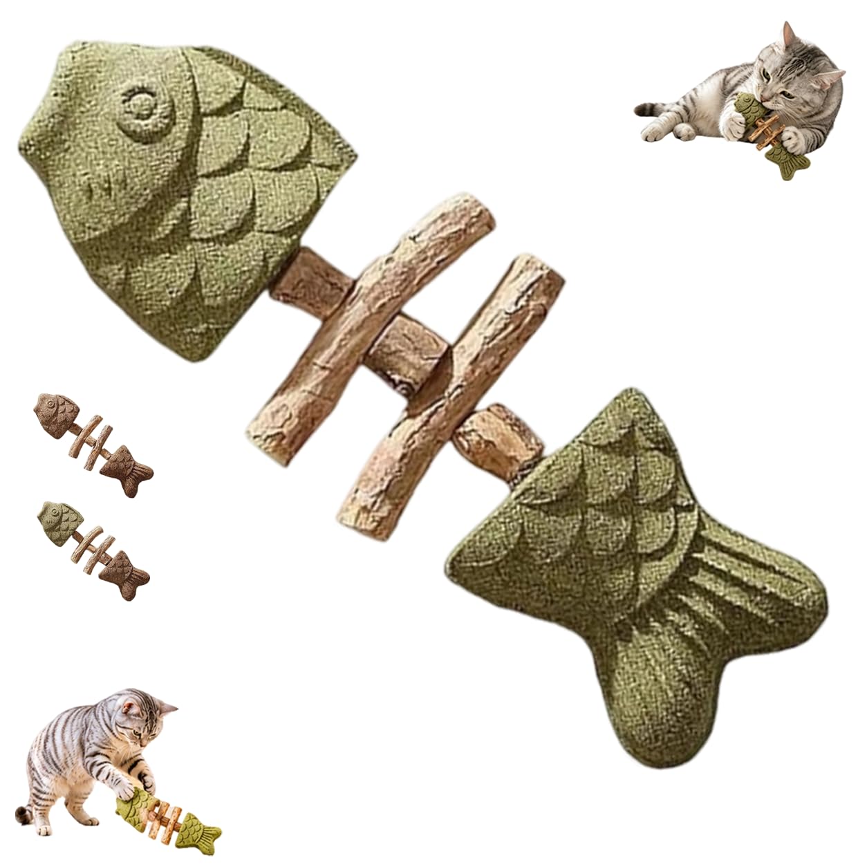 OmniVeyi Natural Silvervine Cat Chew Toy Fish Bone, Catnip & Gall Fruit Dental Care Toy for Indoor Cats, Interactive Wooden Chewing Toy, Helps Reduce Boredom and Supports Ora (Green(Catnip))