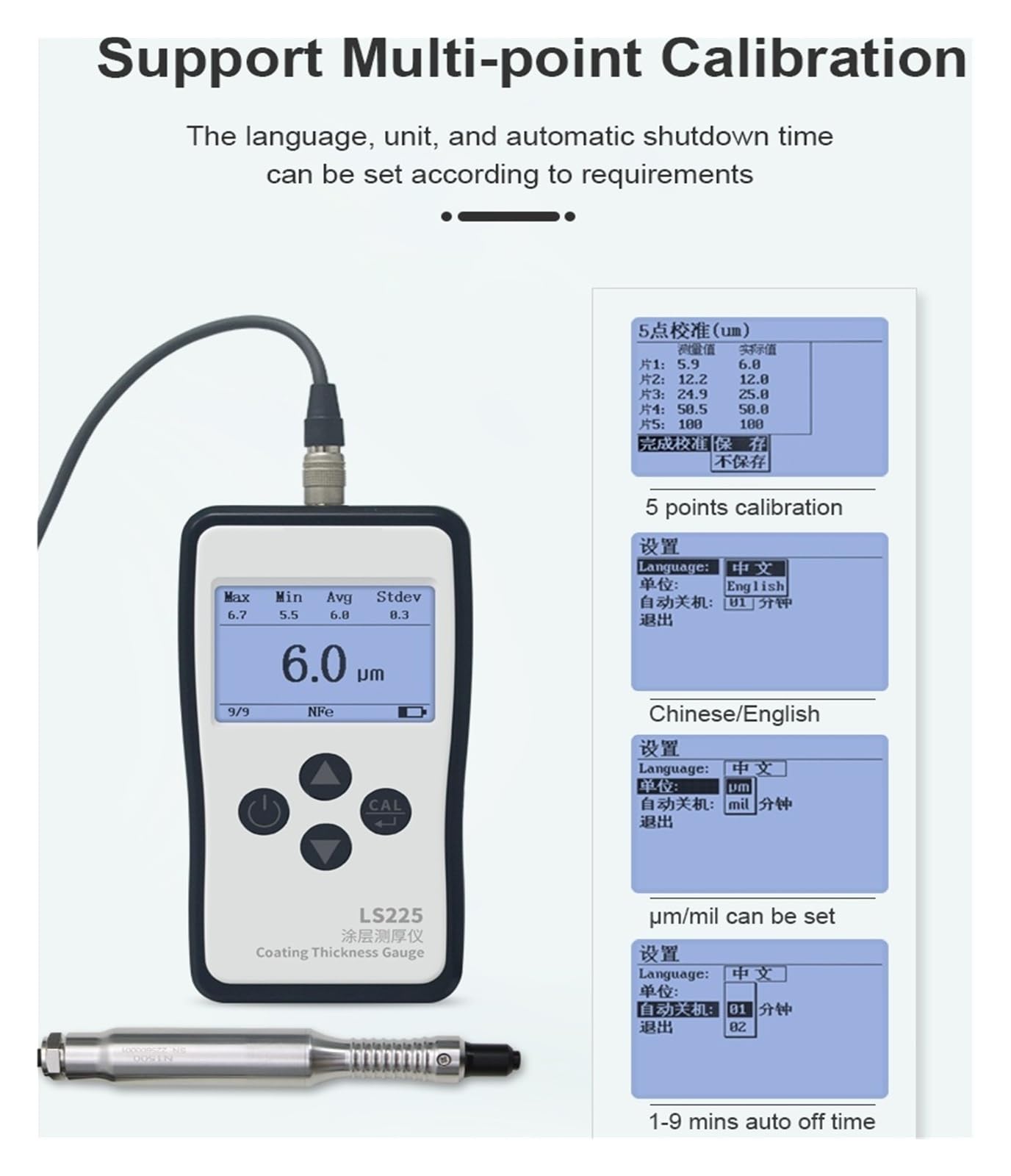 Cyfrowy miernik grubości powłoki LCD LS225 z zakresem 0,0-1500 m Szybka obsługa