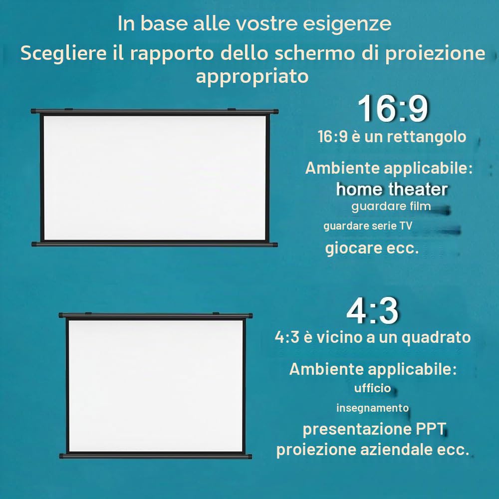 Schermo per Proiettore Avvolgibile Manuale da 40 50 60 72 Pollici 4K HD Schermo di Proiezione per Home Theater Interni Esterni Telo Proiettore, Facile da Arrotolare(72 inch (16:9))