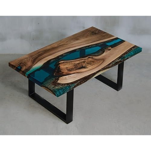 Live Edge Coffee Table, Walnut Wood with Blue Epoxy Resin River, Black Metal Base (32" X 20" in)