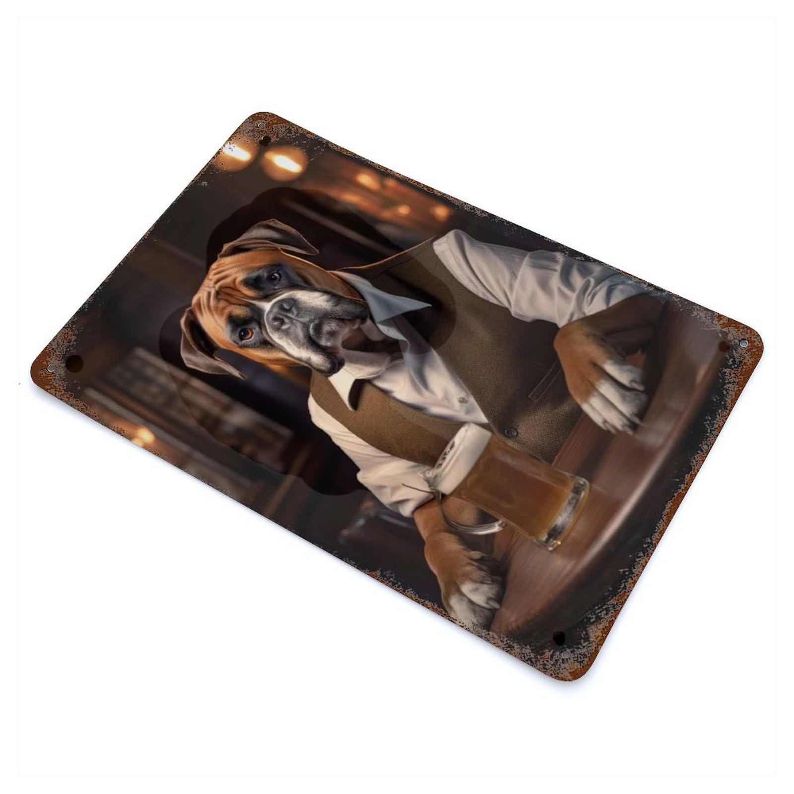 Boxer Dog in The Pub Rustic Tin Plaque 11.8"x7.9", Ideal for Shed, Workshop And Garage Wall Decor