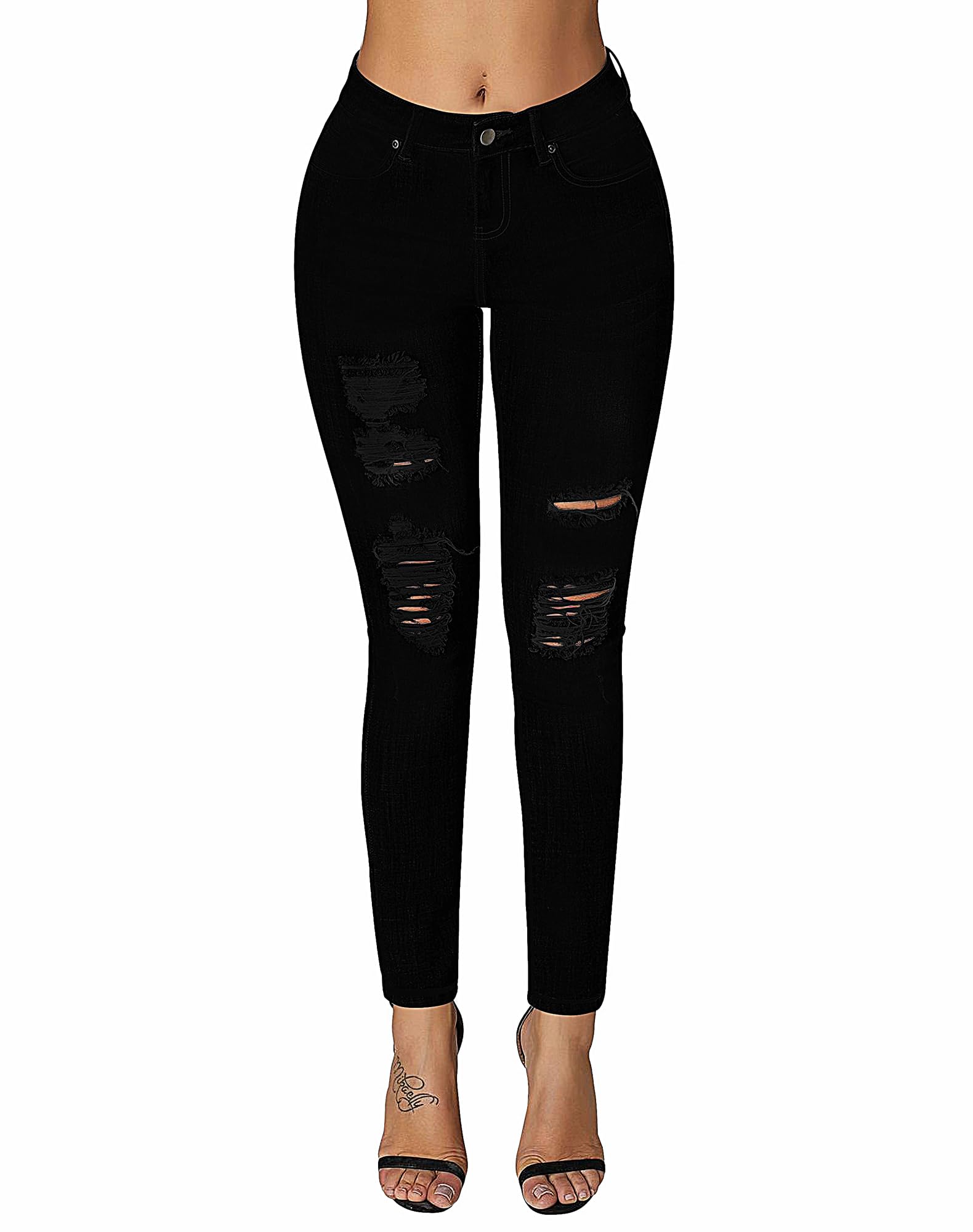 roswear Women's Essentials Ripped Mid Rise Destroyed Skinny Jeans