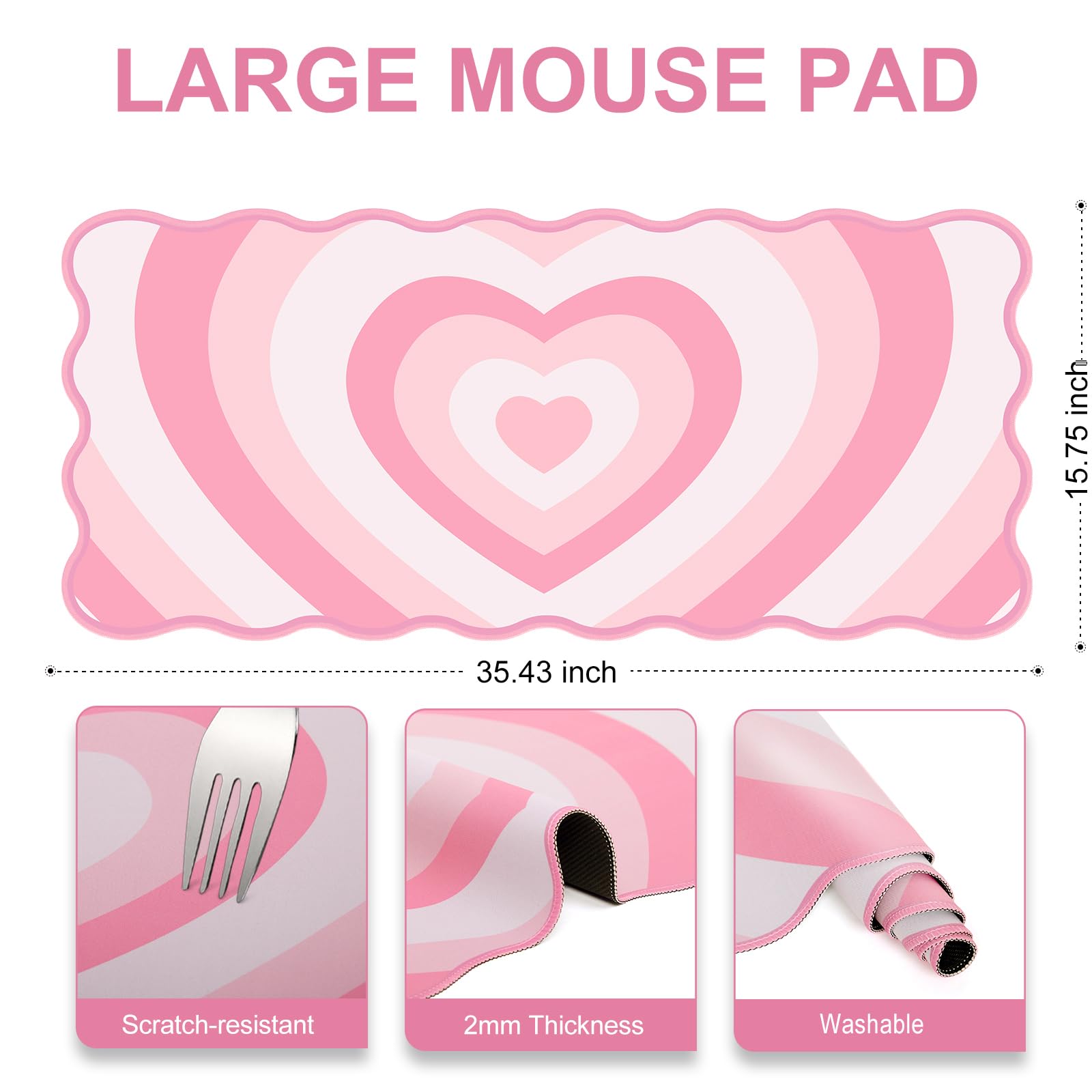 L-SPOUTTO Alfombrilla de mouse rosa, bonita alfombrilla de escritorio XXL con diseño de ondas grandes, alfombrilla de mouse para juegos, 35.4 x 15.7 pulgadas, base de goma antideslizante, alfombrilla