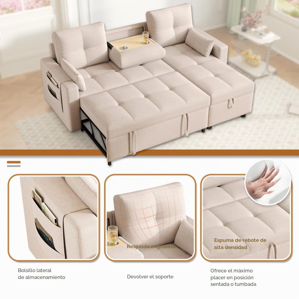 Lubvtti Sofá Cama 3 plazas con función de Cama,sofá esquinero Moderno en Forma de L con portavasos y Espacio de Almacenamiento, sofá 3 plazas,Lino,Beige