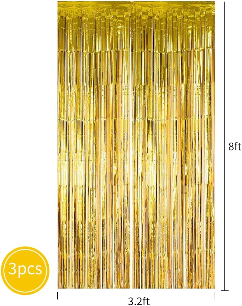 3Pcs Gold Metallic Tinsel Foil Fringe Curtains,3.28ft x 8.20ft Gold