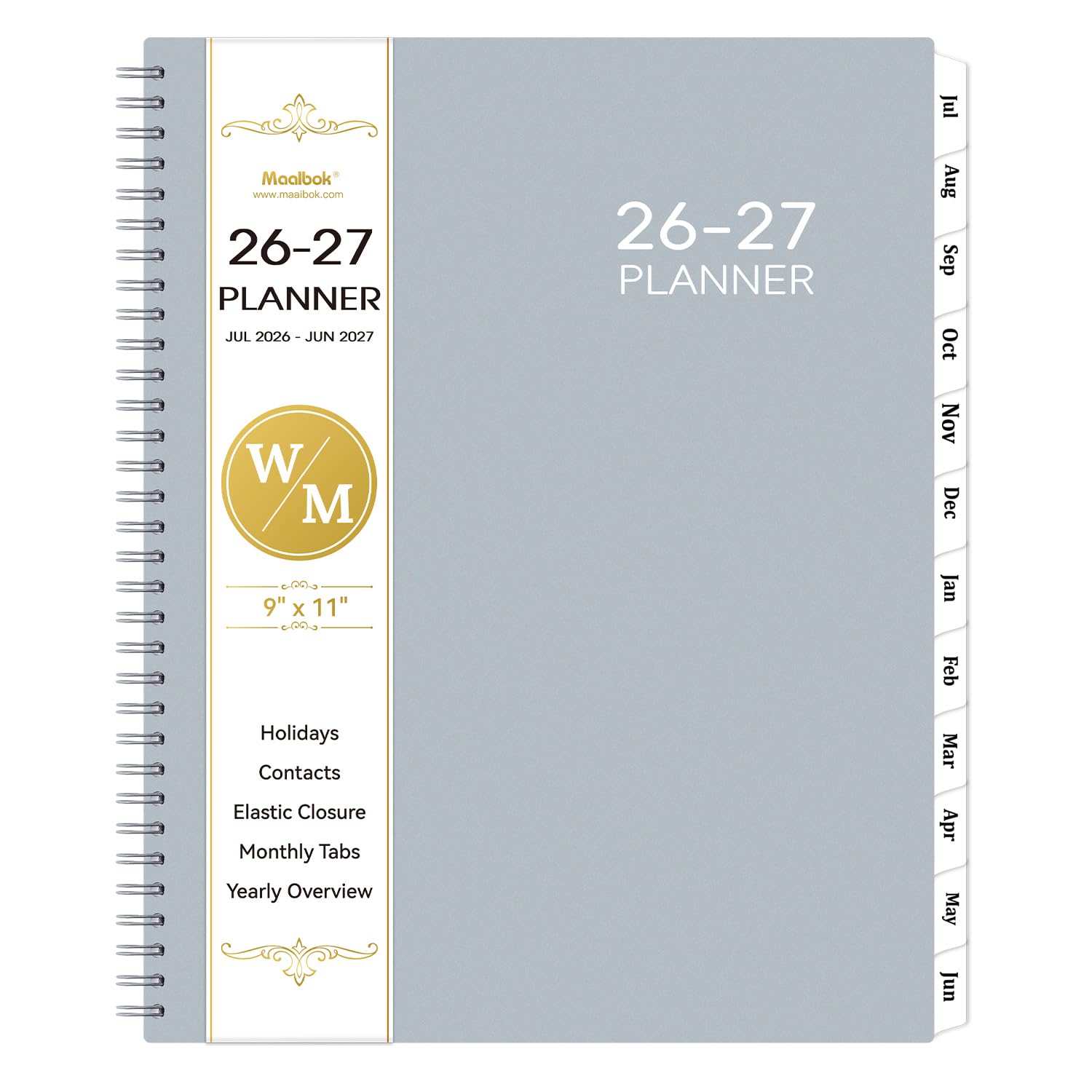 Planner 2026-2027- July 2026 - June 2027, Academic Planner 2026-2027, Tabs, Spiral Bound, 9" x 11", Grey