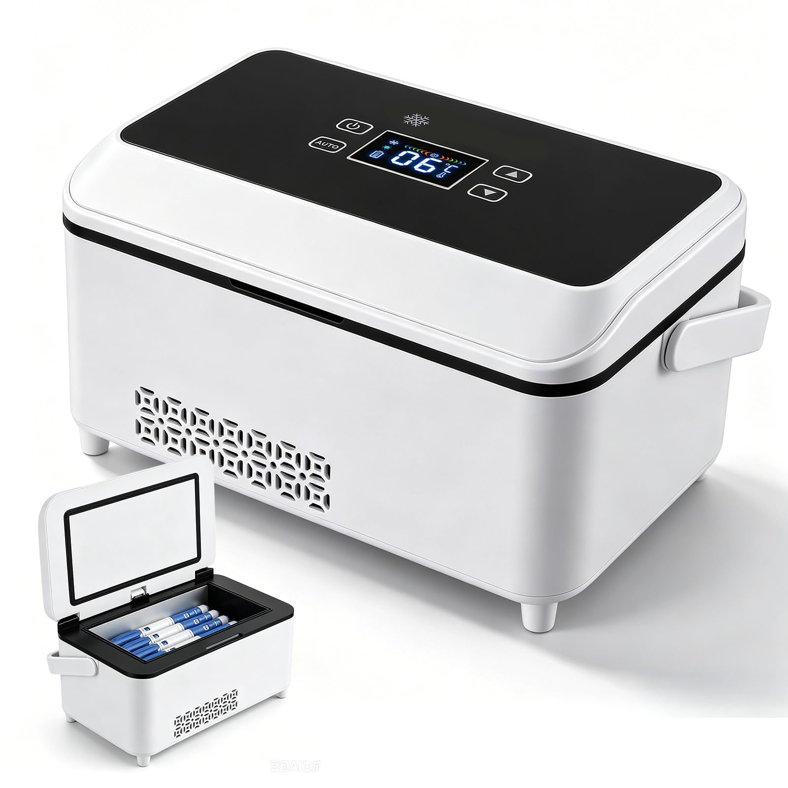 Insulin Kühlbox Elektrisch, Tragbare Insulin Kühlbox mit LCD-Temperaturanzeige und 2 X 13600mAh Akku (mit Griff) für 12 Pensn, 2–8 °C Einstellbar für Auto, Reisen und Außenbereich(Weiß)