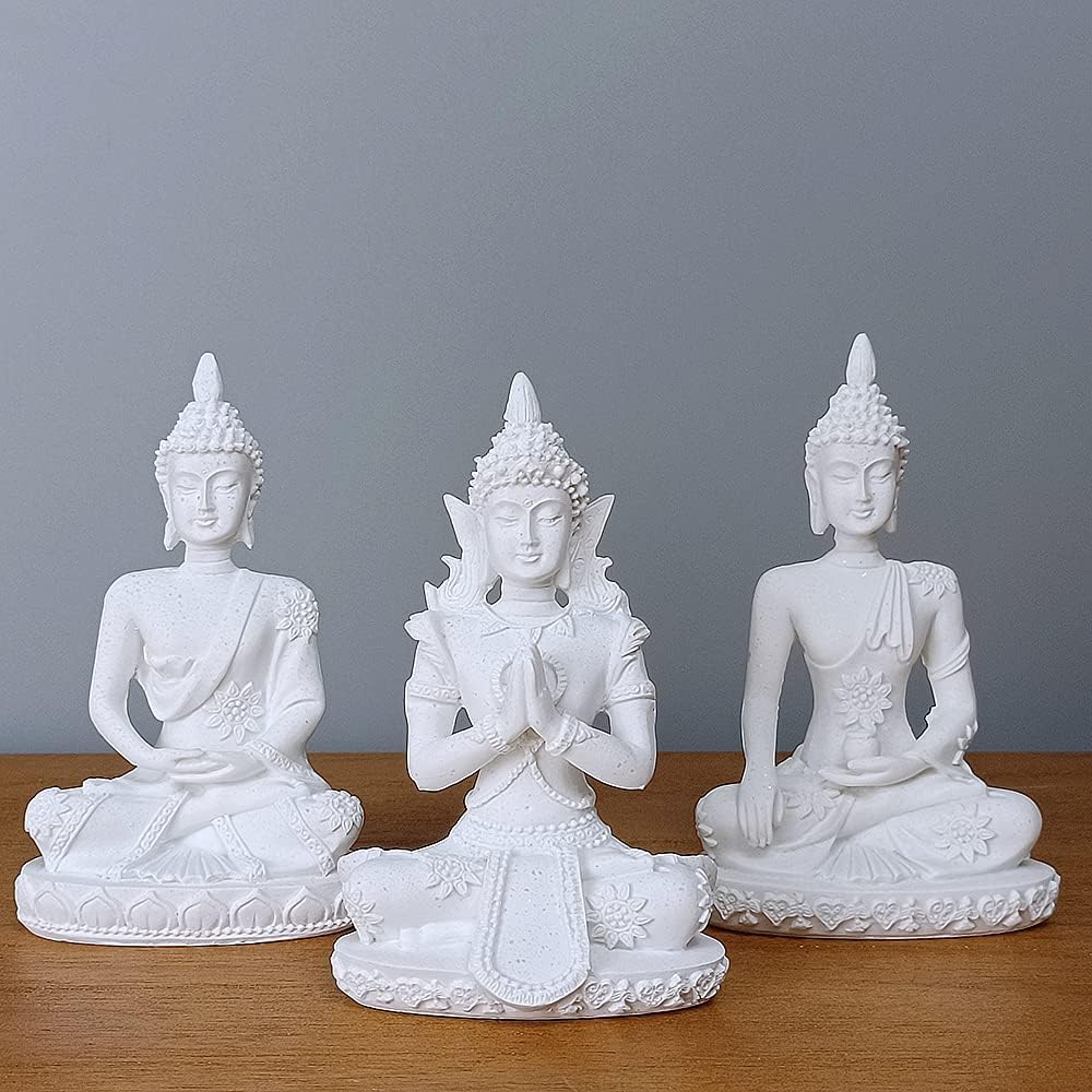HYFAN Mini Sandstone Buddha Yoga Meditation Statue Harmonious Figurine Collectible Craft Feng Shui Sculpture Decor for Home Office Shelf Desktop (Pack of 3