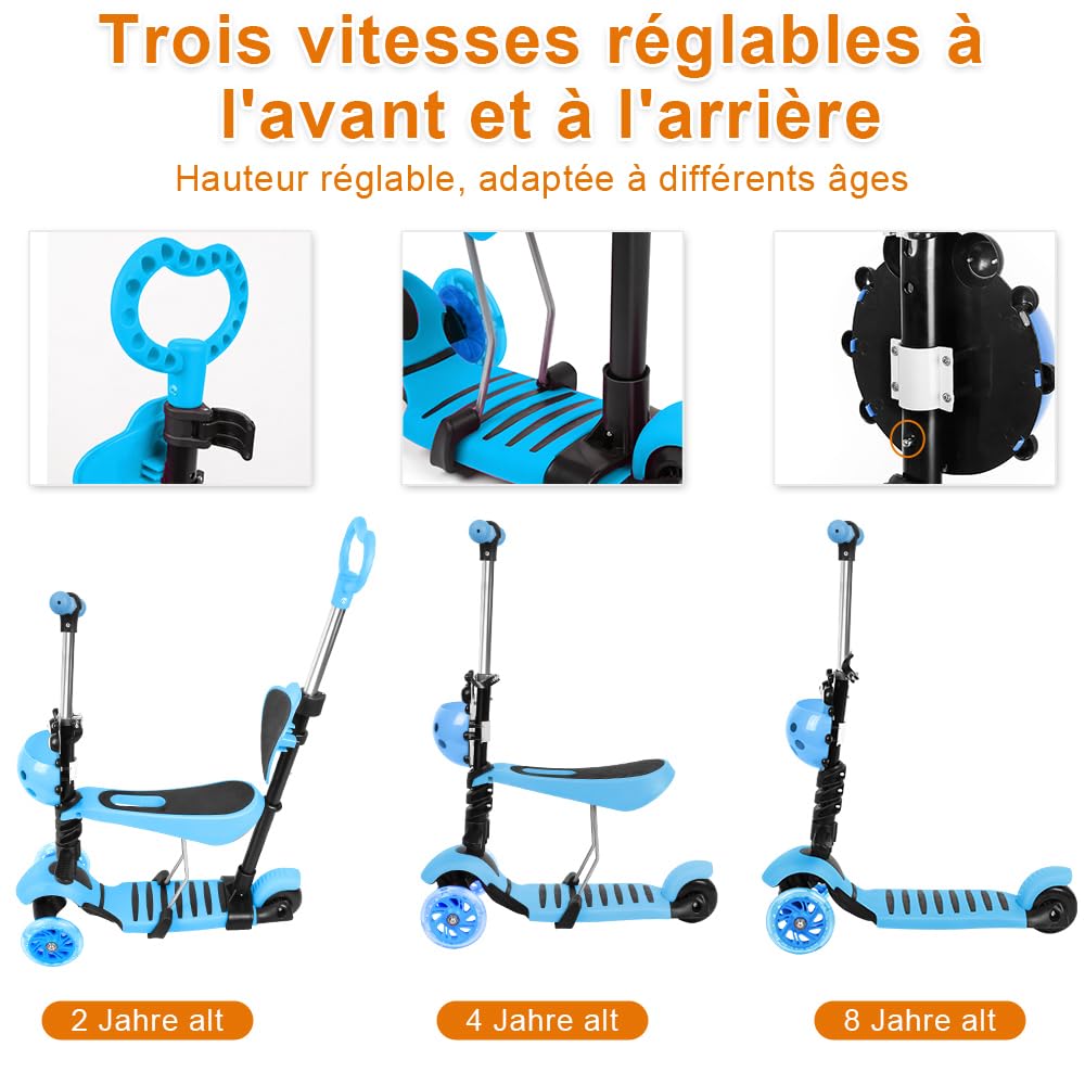 Trottinette avec Siège 5 en 1,Trottinette Enfant,3 Roues Plateau Antidérapant LED, Patinette réglable en Hauteur,Idéal Cadeau pour Enfants 2 a 8 Ans,30KG