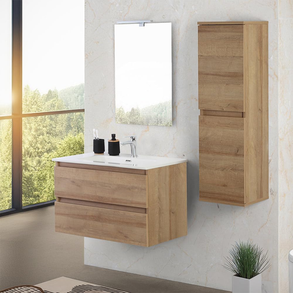 Inbagno Mobile bagno sospeso 80 cm rovere africa con 2 cassetti soft-close, lavabo in ceramica e specchio reversibile 60x80 cm, KLEO