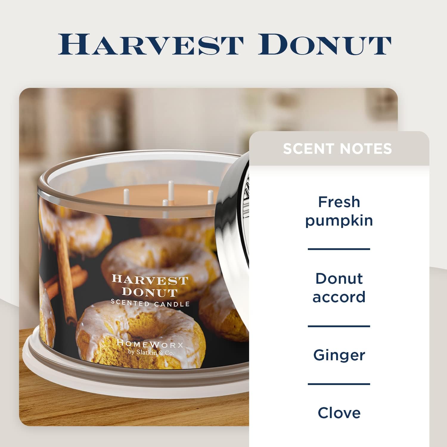 HOMEWORX Premium Scented 4-Wick Candle, Harvest Donut, by Slatkin & Co - 18 oz - Long-Lasting Jar Candle, 30-55 Hours Burn Time - Notes of Fresh Pumpkin, Donut Accord, Ginger, Clove & Tonka Bean