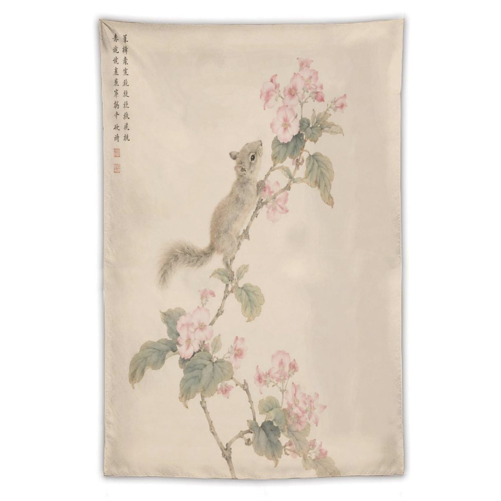 W7C8U2X3 Mouse on Blossom Branch Wall Tapestry, Asian Ink Style, Sofa Area