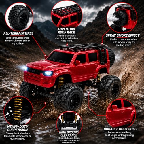 Image of Big Red Remote Control Car Toy | Defender | Smoke and LED Light | Monster Truck Remote Control 4x4 | Rechargeable Car | 2.4G Remote Control | High Speed | 100m Range | Birthday Gift for Kids