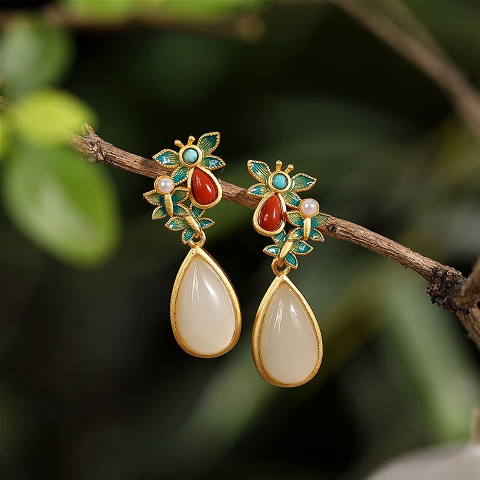 Pendientes de plata S925 chapados en oro con cloisonné y perlas de jade hetiano, pendientes de mujer en forma de gota, joyería